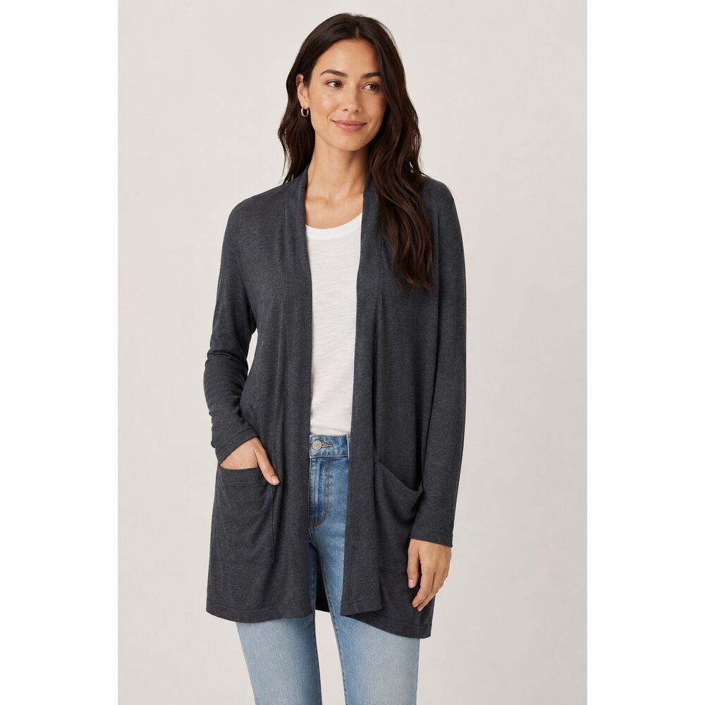 Pact Everyday Dark Black/Blue Draped Open Front Lightweight Knit Cardigan Womens